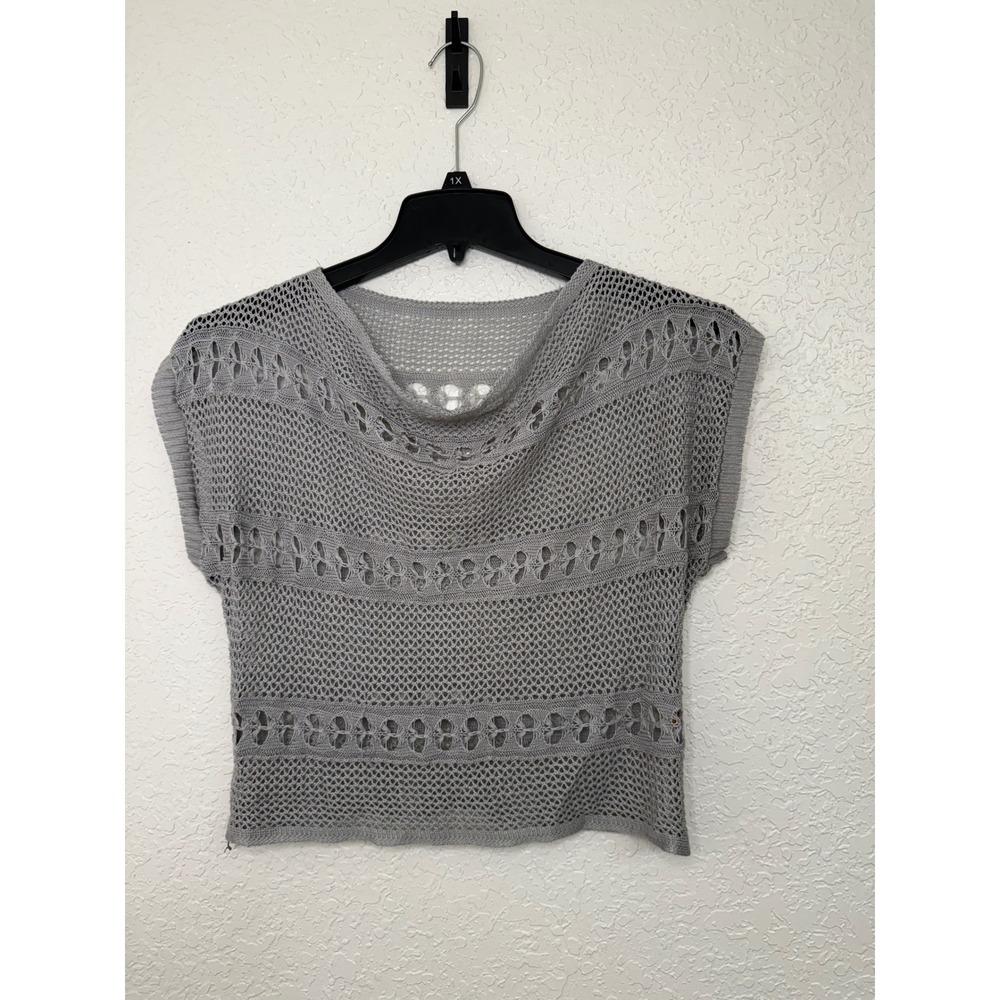 Becky Women Grey Open Knit Crochet Mesh Sleeveless Top Size M Style 1395